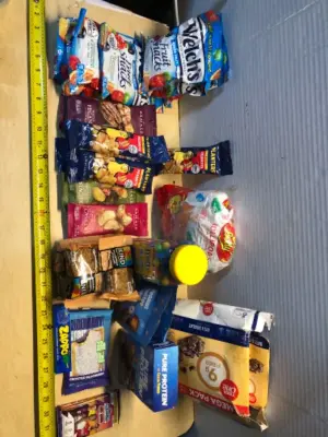 Variety of assorted snacks mostly in date