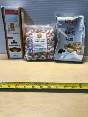 Nutty crunch bars 16 count exp:03/16/2026, 2LB coconut filled hard candy exp:07/2026, Bag bite size wafers exp:04/2027