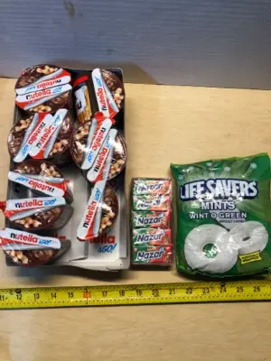 12 Nutella Go exp:04/11/2025, box of Nazar chewing gum exp:07/2025, 2 bags life saver mints exp:03/2026