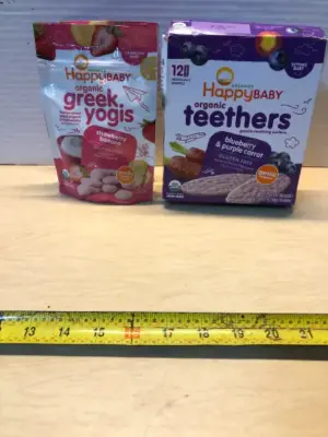 3 bags happy baby organic Greek yogis exp:04/28/2026, happy baby organic teethers exp:11/28/2024