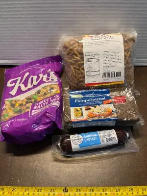 sweet & salty mix, pumpernickel, summer sausage & honey roasted sesame sticks (mostly in date)