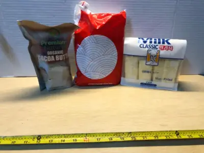 Organic cocoa butter, bag of assorted Japanese snacks exp:03/15/2026, milk classic