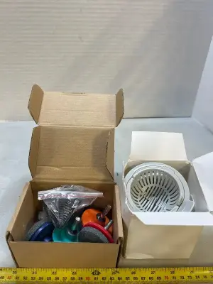 pack of lawnmower blade sharpener heads and pack of dish strainers