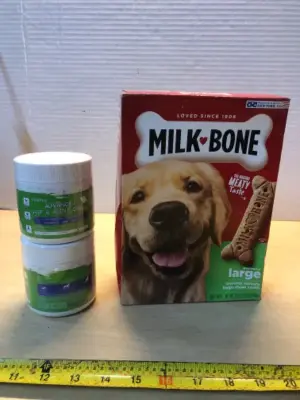 2 cans hip& joint chews for dogs, box of milk bone exp:08/19/2026
