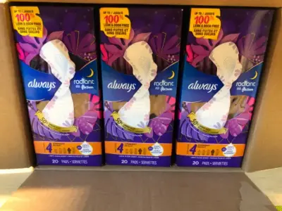 3 boxes always radiant size 4 pads 20 each