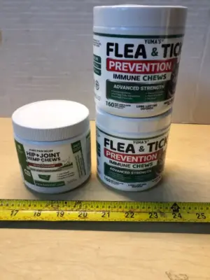 120 hemp chews for dogs hip and joint exp:5/26, 2 tubs 160 chews each flea and tick prevention exp:5/27