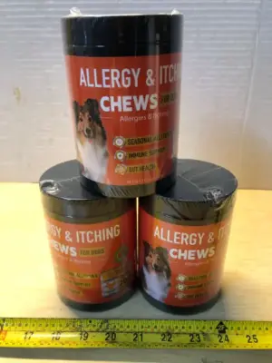 3 tubs 14.11oz each allergy and itching dog chews exp:11/9/27