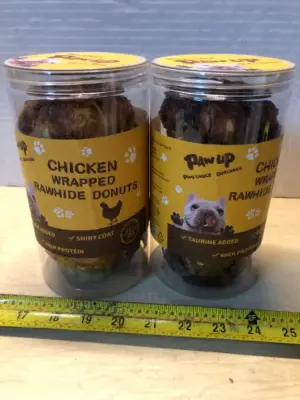 2 tubs 12.5oz each chicken wrapped rawhide donuts exp:4/17/27
