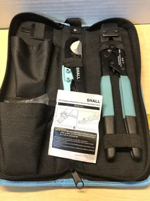 Shall crimping clamp cinch tool and pipe hose cutter in case