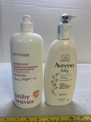 baby bottle, dish, dishwashing liquid, and lotion