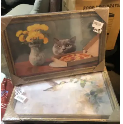 Vintage framed hummingbird wall decor and vintage framed cat wall decor