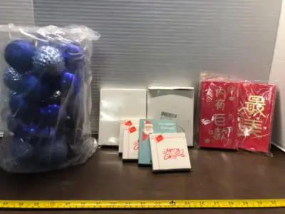 Christmas ornaments and red money envelopes