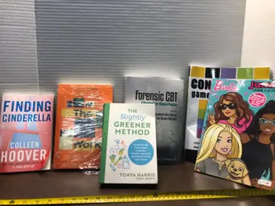 Assorted books, game book, coloring book