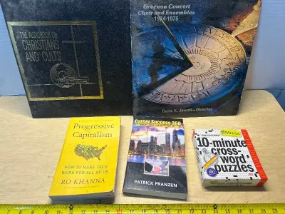 Christian’s and cults , choir ensemble vinyl records , books(2), and cross word puzzles