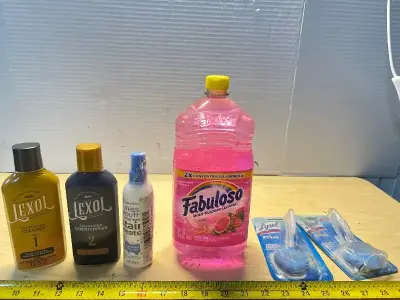 Leather cleaner and conditioner (half full), fabuloso cleaner and Lysol toilet pods