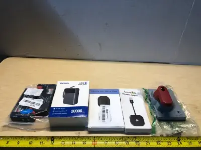 Battery testers (2), power bank , adhesive wall mount (2Pk), android auto wireless adapter and toggle switch cover
