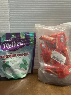 frosted reindeer cookies and lot of bite sized 100 grand