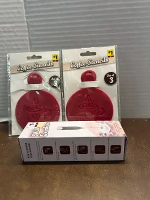 2 sets of 3 coffee stencils and 1 coffee frother