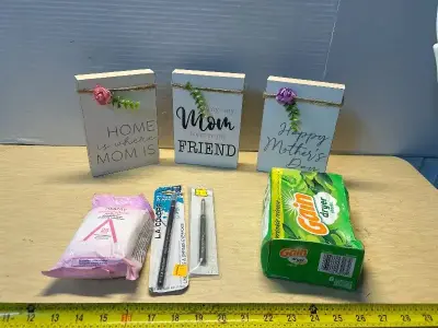 Wooden home decor (3), gain dryer sheets , biodegradable wipes and eyeliner/brush