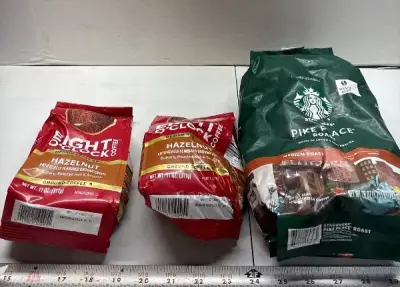 (2) Eight O’clock hazelnut coffee and Starbucks whole bean coffee