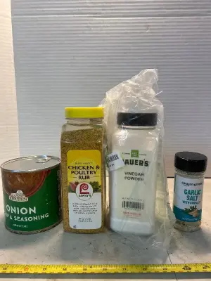 onion soup and seasoning, chicken & poultry rub, vinegar powder, garlic salt with parsley