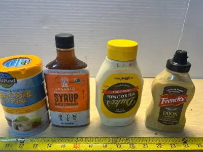Sugar free maple syrup(05/29/27) , albacore tuna (4ct)(06/23/26), mayonnaise(04/26)and Dijon mustard (exp:07/20/25)