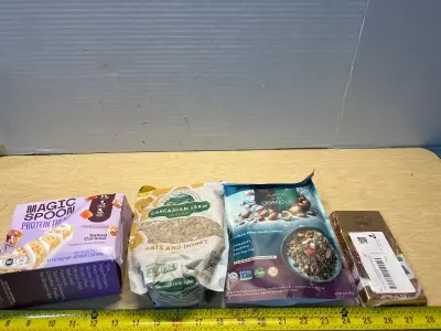 Protein bars ((11/5/26), granola ( 06/23/26), almond and granola (12/26) and Dubai chocolate