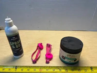 Calming dog chews, puppy house training spray( missing nozzle) and collars with pet air tag holder