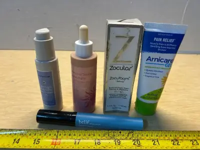 Hyaluronic acid facial serum, tanning oil, undereye serum and homeopathic medicine