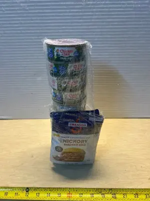 Cans of tuna(10)(01/13/28) and BBQ flavored chicken packets (4)(05/13/25)