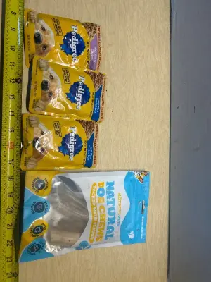 Pedigree wet dog food pouches(02/23/27) and natural dog treats (01/01/28)