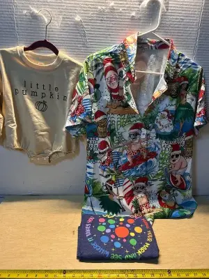 Tote bag, floral lace mesh long sleeve (XL), men’s shorts (XL), and shirts (M)