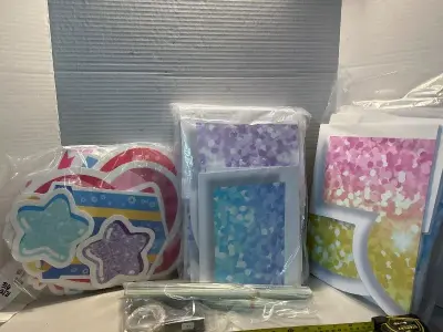 lot of thick cut outs for birthday party , metal stakes, plastic stakes, lights