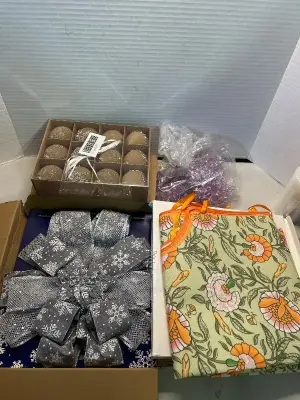 christmas ornament, floral tree skirt, lot of snowflake ornaments , tree topper