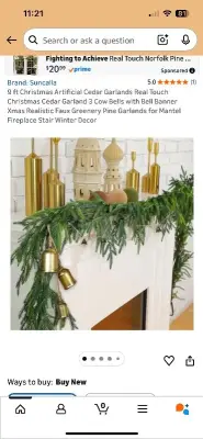 9ft Christmas Artificial Cedar Garlands Real Touch Christmas Cedar Garland 3 Cow Bells with Bell Banner Xmas Realistic Faux Greenery Pine Garlands for Mantel