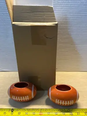 Box of ceramic football decorations (6ct)(some chipped)