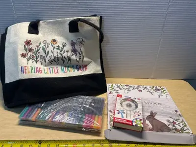 Markers, tote bag, baby first scrap book and baby rattle/teether