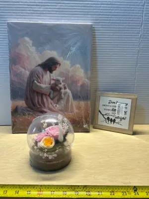 Printed canvas , decorative wooden sign and artificial rose inside display case