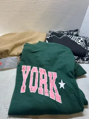 XL business casual pants, Large sweater, medium christmas pajama