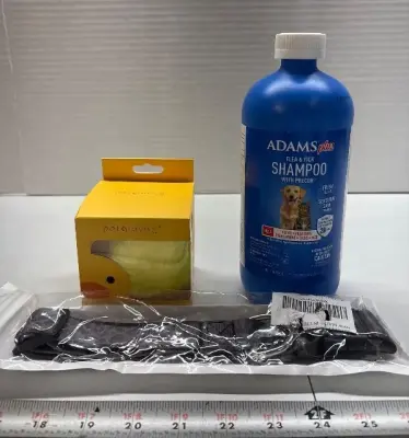 Large dog collar, dog toy and dog shampoo