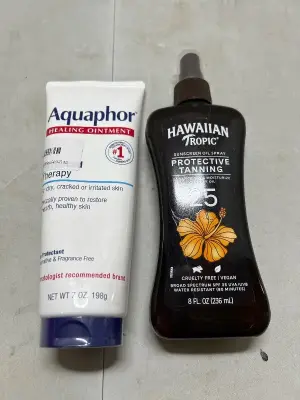 7 oz of aquaphor and 8 fl oz of protective tanning oil