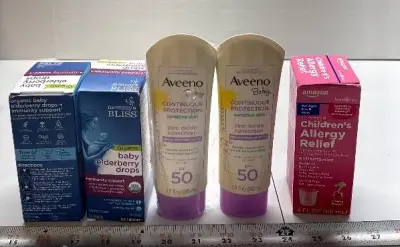 Baby elderberry drops, allergy relief and sunscreen exp:04/26