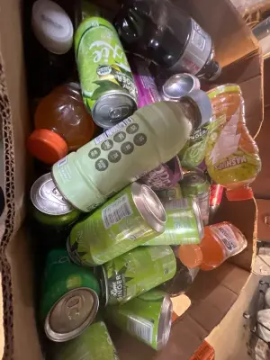 box of various drink and exp dates