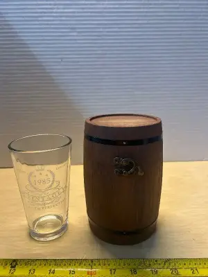 Limited edition beer glass with barrel cup holder