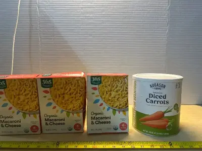 Dehydrated diced carrots (09/18/25) and organic macaroni/cheese boxes (3)(01/24/27)