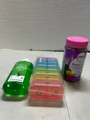 post natal vitamins 02/26 sunburn relief gel and weekly pill dispenser