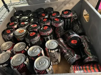 Box of Mr Pibb zero sugar (8ct)(indate),zero sugar monsters and high brew coffee shakes