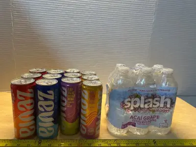 Zevia zero sugar energy drinks (12ct) and splash açaí grape water(6)