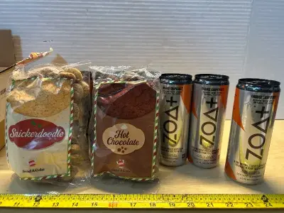 Orange grape fruit zoa energy drinks (6ct)(08/05/25) and snickerdoodle/chocolate cookies