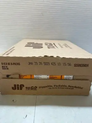 6 8 packs of jiff peanut butter amd chocolate spread 01/29/26